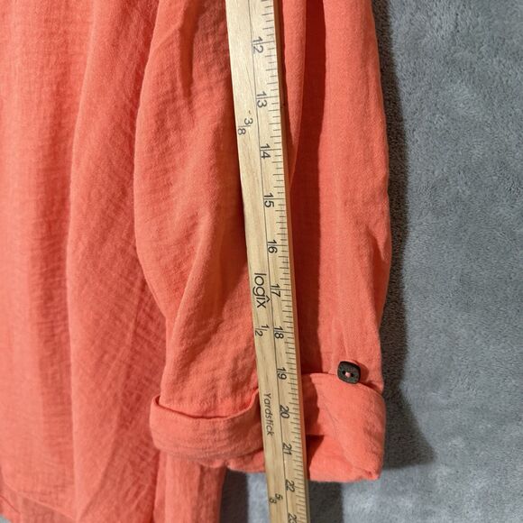 John Mark Top XL Orange Peach Wire Collar Boho Buttons Roll Tab Sleeve Lagenlook - Picture 5 of 7